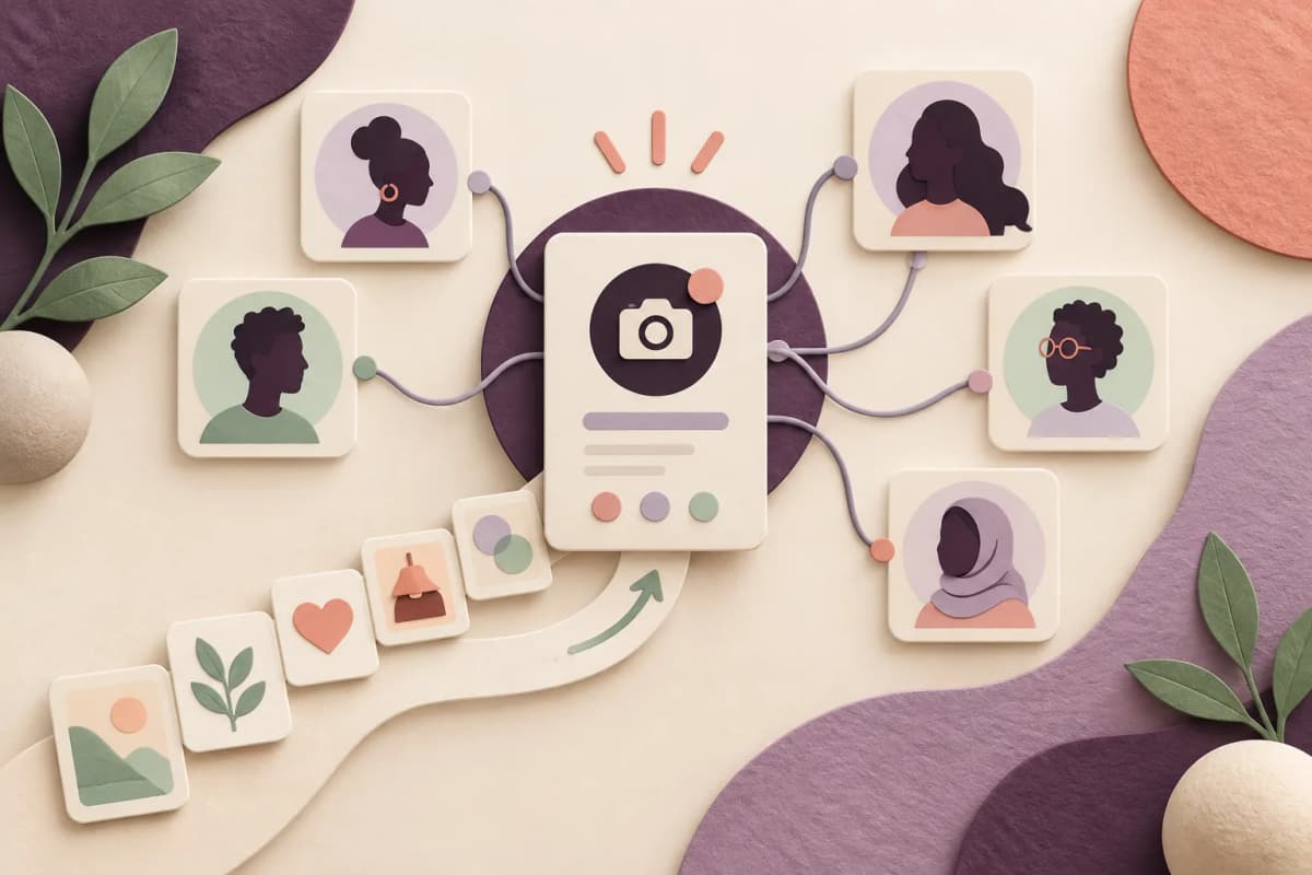 Konceptuell illustration av en kreatörsprofil kopplad till kort som föreställer en publik.