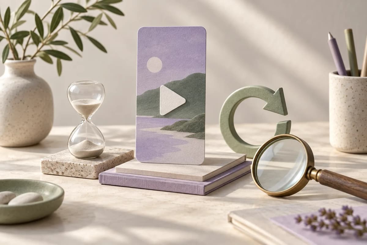 Konceptillustration med videokort, timglas, cirkulär pil och förstoringsglas.